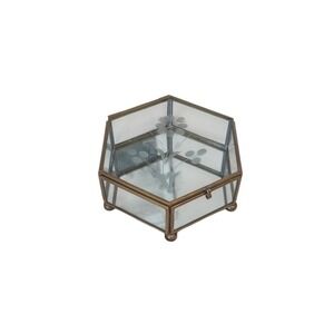 Vintage Brass Glass Hexagonal Jewelry Box Etched Floral Lid Footed Mirror Curio